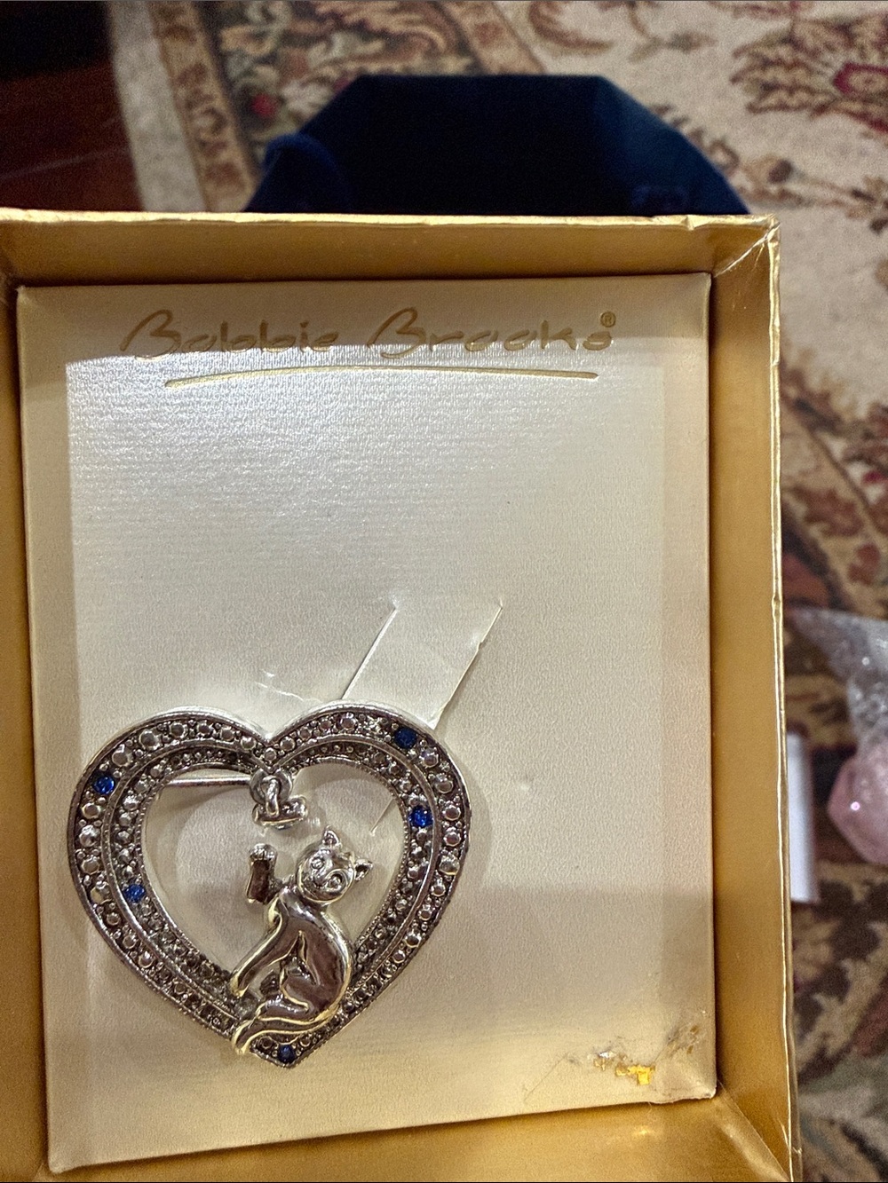 Bobbie Brooks Silver Heart Brooch with Blue and Clear Stones
